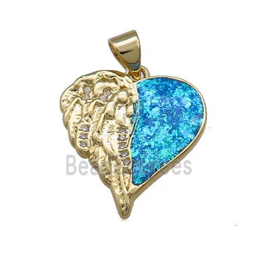 Copper Heart Pendant Pave Fire Opal Zircon Angel Wings 18K Gold