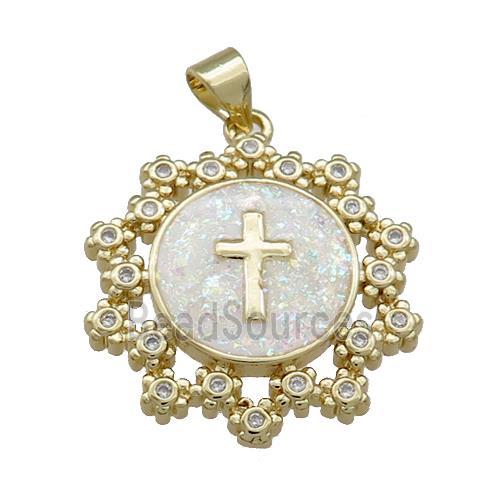 Copper Circle Pendant Pave Fire Opal Zircon Cross 18K Gold