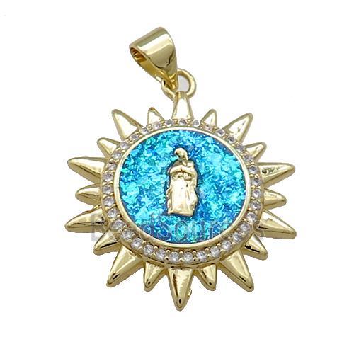 Copper Sun Charms Pendant Pave Fire Opal Zircon Jesus 18K Gold Plated