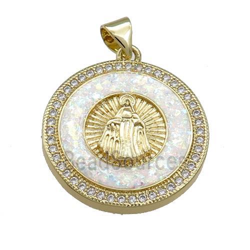 Copper Circle Pendant Pave Fire Opal Zircon Virgin Mary 18K Gold