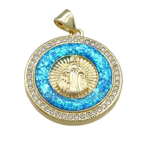 Copper Circle Pendant Pave Fire Opal Zircon Virgin Mary 18K Gold