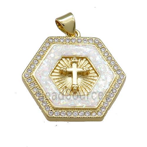 Copper Hexagon Pendant Pave Fire Opal Zircon Cross 18K Gold Plated