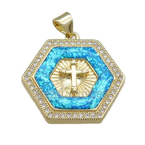 Copper Hexagon Pendant Pave Fire Opal Zircon Cross 18K Gold Plated