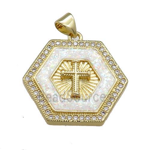 Copper Hexagon Pendant Pave Fire Opal Zircon Cross 18K Gold Plated