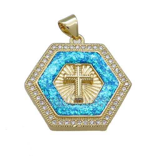 Copper Hexagon Pendant Pave Fire Opal Zircon Cross 18K Gold Plated