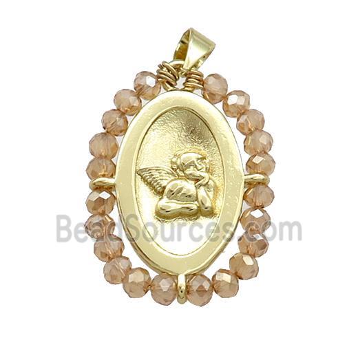 Copper Angel Pendant With Champagne Crystal Glass Wire Wrapped Oval Gold Plated