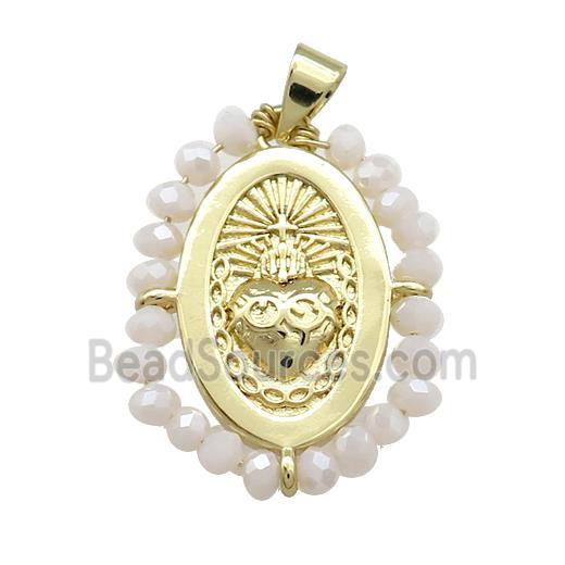 Sacred Heart Charms Copper Oval Pendant With White Crystal Glass Wire Wrapped Gold Plated