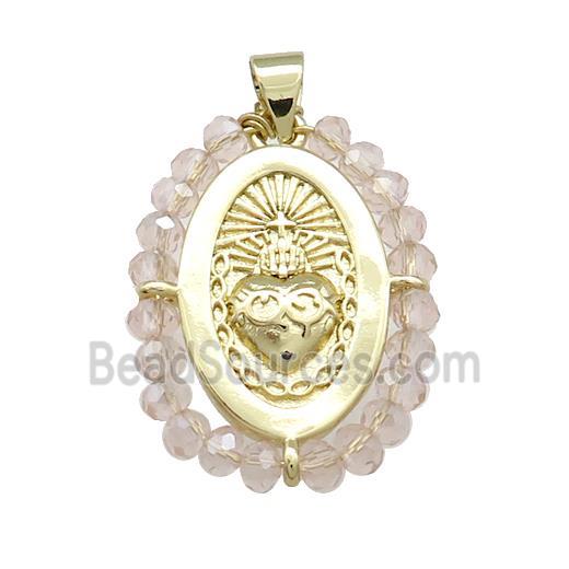 Sacred Heart Charms Copper Oval Pendant With Crystal Glass Wire Wrapped Gold Plated