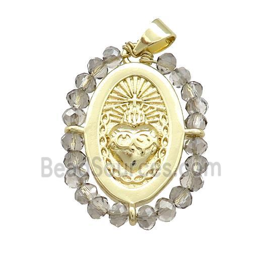 Sacred Heart Charms Copper Oval Pendant With Smoky Crystal Glass Wire Wrapped Gold Plated