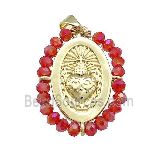 Sacred Heart Charms Copper Oval Pendant With Red Crystal Glass Wire Wrapped Gold Plated