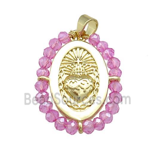 Sacred Heart Charms Copper Oval Pendant With Hotpink Crystal Glass Wire Wrapped Gold Plated