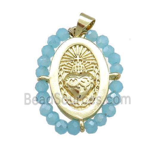 Sacred Heart Charms Copper Oval Pendant With Blue Crystal Glass Wire Wrapped Gold Plated