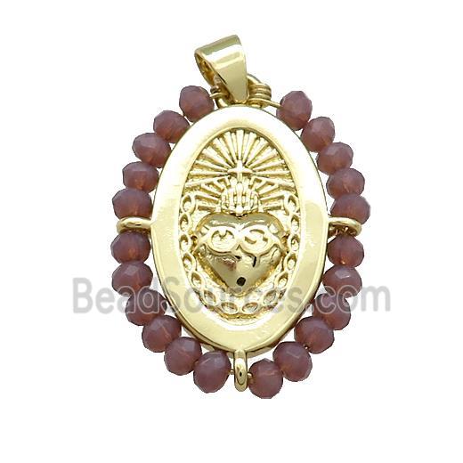 Sacred Heart Charms Copper Oval Pendant With Crystal Glass Wire Wrapped Gold Plated