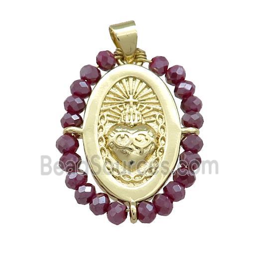 Sacred Heart Charms Copper Oval Pendant With Crystal Glass Wire Wrapped Gold Plated