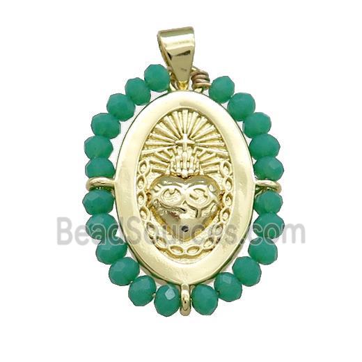 Sacred Heart Charms Copper Oval Pendant With Green Crystal Glass Wire Wrapped Gold Plated