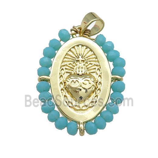 Sacred Heart Charms Copper Oval Pendant With Teal Crystal Glass Wire Wrapped Gold Plated