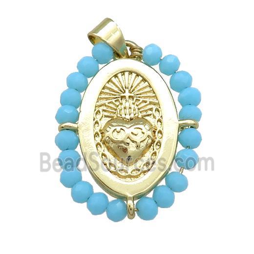 Sacred Heart Charms Copper Oval Pendant With Blue Crystal Glass Wire Wrapped Gold Plated