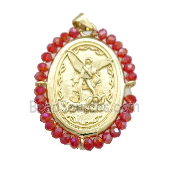 Fairy Charms Copper Oval Pendant With Red Crystal Glass Wire Wrapped Gold Plated