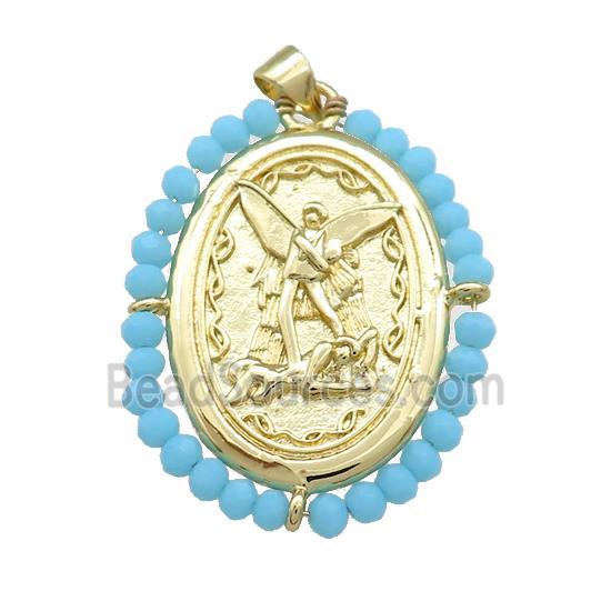 Fairy Charms Copper Oval Pendant With Blue Crystal Glass Wire Wrapped Gold Plated