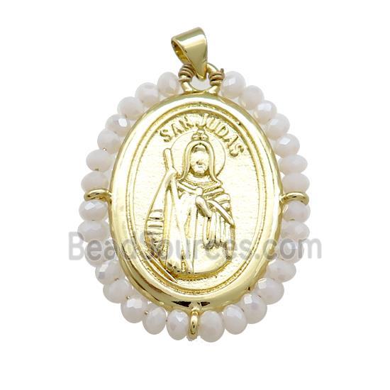 Saint Jude Charms Copper Medal Pendant With White Crystal Glass Wire Wrapped Oval Gold Plated