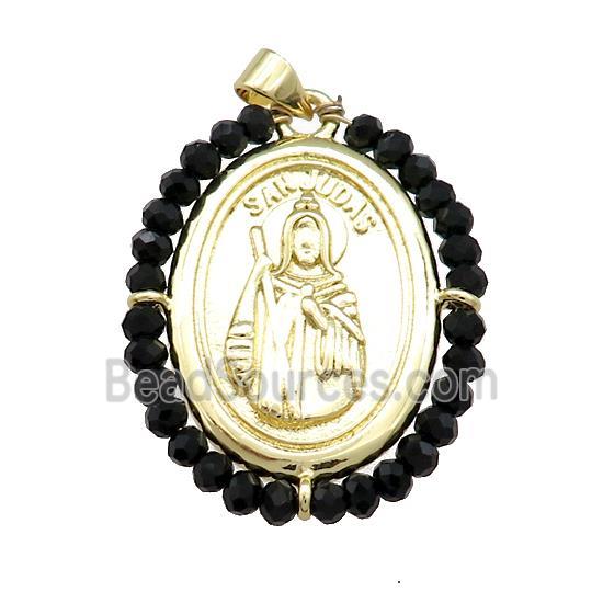 Saint Jude Charms Copper Medal Pendant With Black Crystal Glass Wire Wrapped Oval Gold Plated