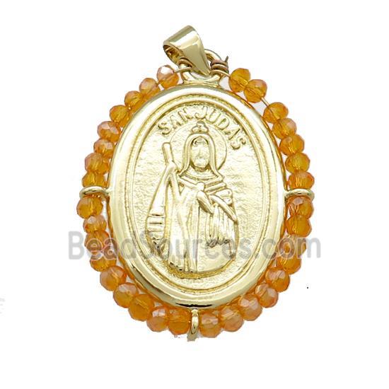 Saint Jude Charms Copper Medal Pendant With Orange Crystal Glass Wire Wrapped Oval Gold Plated