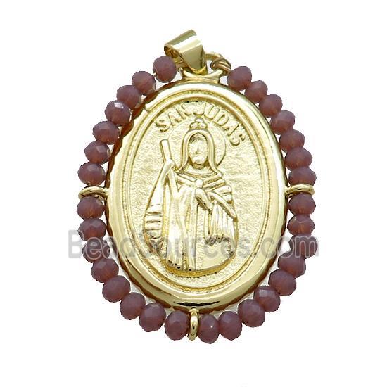 Saint Jude Charms Copper Medal Pendant With Crystal Glass Wire Wrapped Oval Gold Plated