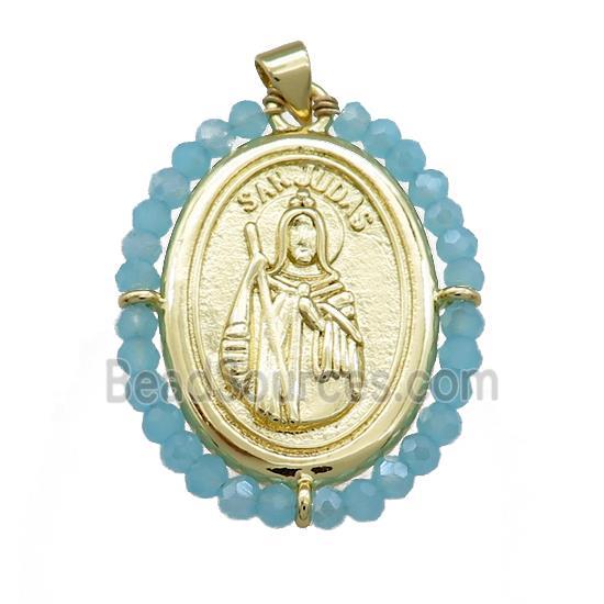 Saint Jude Charms Copper Medal Pendant With Aqua Crystal Glass Wire Wrapped Oval Gold Plated