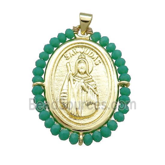 Saint Jude Charms Copper Medal Pendant With Green Crystal Glass Wire Wrapped Oval Gold Plated