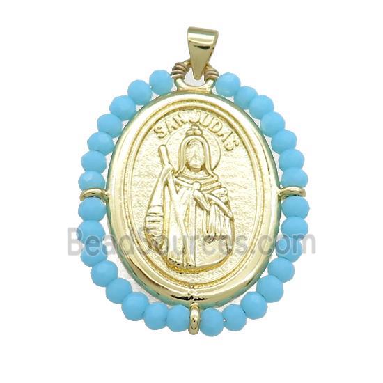 Saint Jude Charms Copper Medal Pendant With Blue Crystal Glass Wire Wrapped Oval Gold Plated