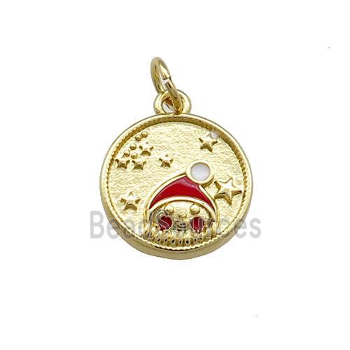 Christmas Santa Claus Charms Copper Circle Pendant Red Enamel Gold Plated