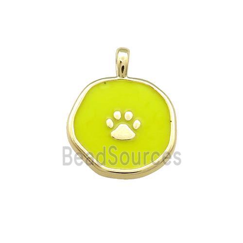 Copper Circle Pendant Paw Yellow Enamel Gold Plated