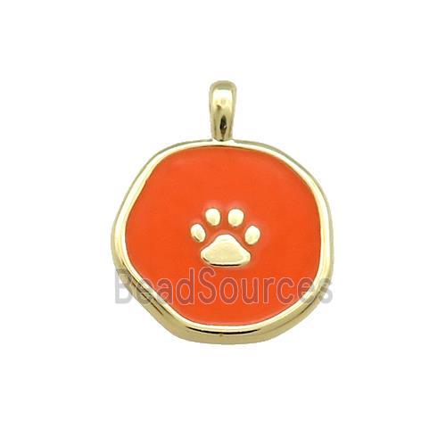 Copper Circle Pendant Paw Orange Enamel Gold Plated