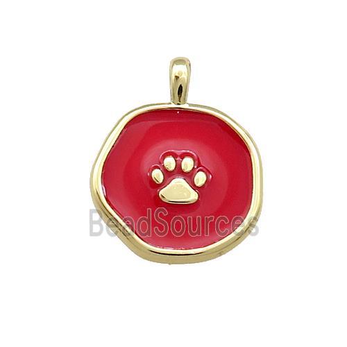 Copper Circle Pendant Paw Red Enamel Gold Plated