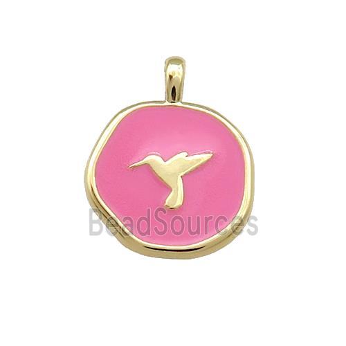 Copper Circle Pendant Hummerbirds Pink Enamel Gold Plated