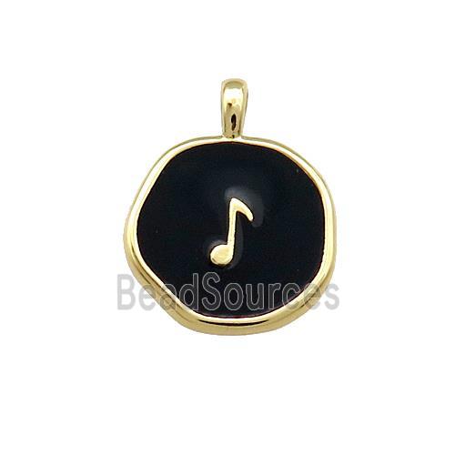 Copper Circle Pendant Musical Note Symbols Black Enamel Gold Plated