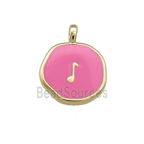 Copper Circle Pendant Musical Note Symbols Pink Enamel Gold Plated