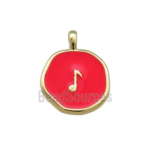 Copper Circle Pendant Musical Note Symbols Red Enamel Gold Plated