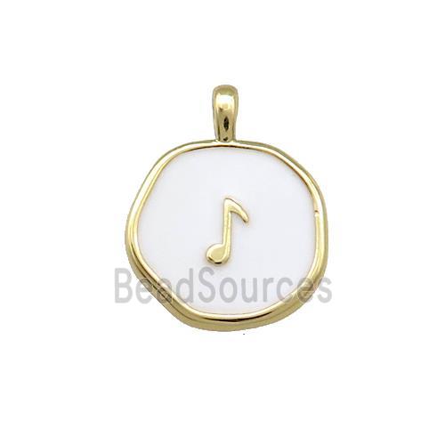 Copper Circle Pendant Musical Note Symbols White Enamel Gold Plated