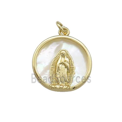 Virgin Mary Charms Copper Circle Pendant Pave Shell Religious Gold Plated