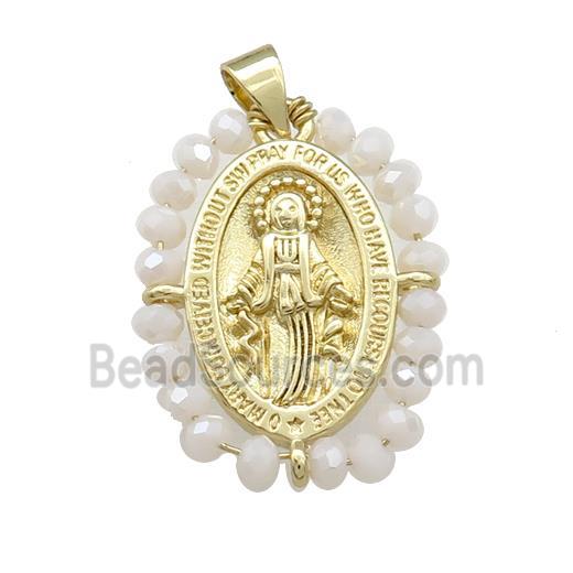 Virgin Mary Charms Copper Medal Pendant With White Crystal Glass Wire Wrapped Oval Gold Plated