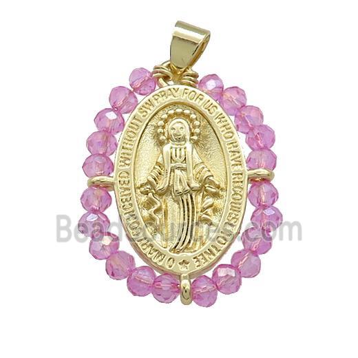 Virgin Mary Charms Copper Medal Pendant With Hotpink Crystal Glass Wire Wrapped Oval Gold Plated