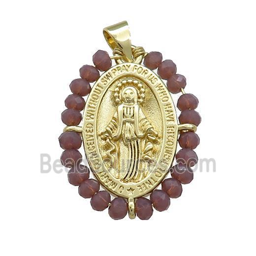 Virgin Mary Charms Copper Medal Pendant With Crystal Glass Wire Wrapped Oval Gold Plated