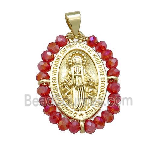 Virgin Mary Charms Copper Medal Pendant With Red Crystal Glass Wire Wrapped Oval Gold Plated