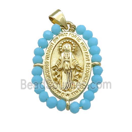 Virgin Mary Charms Copper Medal Pendant With Blue Crystal Glass Wire Wrapped Oval Gold Plated