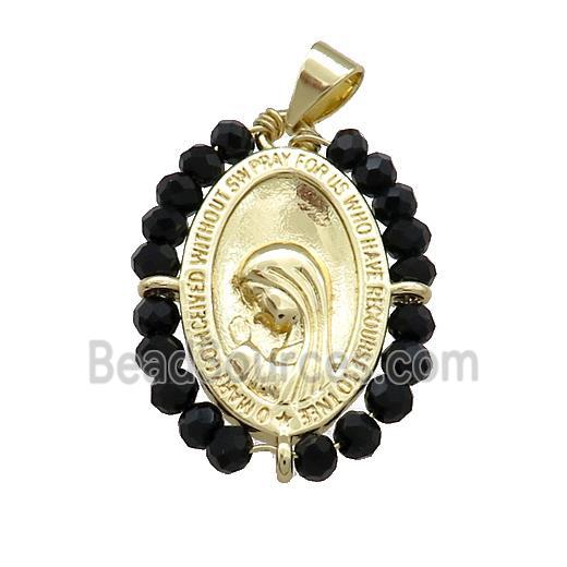 Virgin Mary Charms Copper Medal Pendant With Black Crystal Glass Wire Wrapped Oval Gold Plated