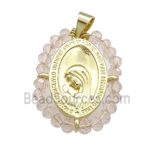 Virgin Mary Charms Copper Medal Pendant With Champagne Crystal Glass Wire Wrapped Oval Gold Plated