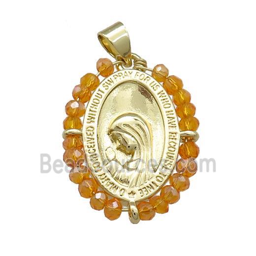 Virgin Mary Charms Copper Medal Pendant With Crystal Glass Wire Wrapped Oval Gold Plated