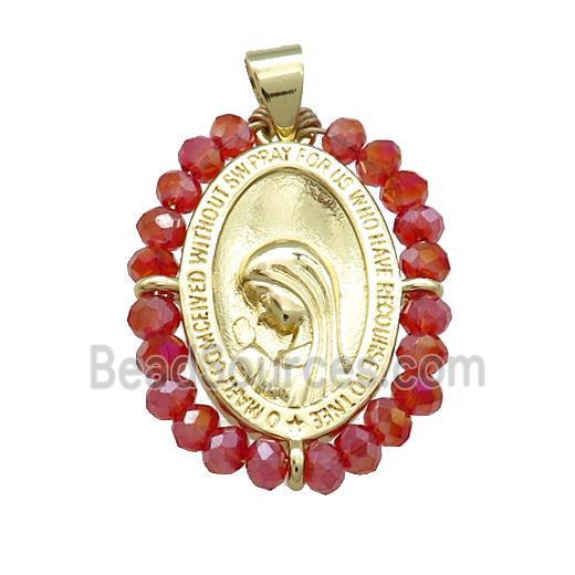 Virgin Mary Charms Copper Medal Pendant With Red Crystal Glass Wire Wrapped Oval Gold Plated