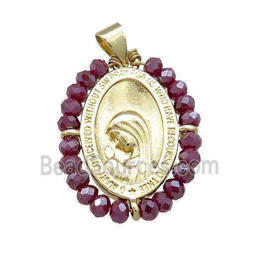 Virgin Mary Charms Copper Medal Pendant With Purple Crystal Glass Wire Wrapped Oval Gold Plated